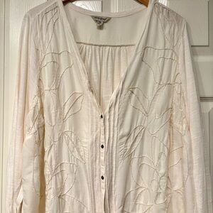LUCKY BRAND Embroidered Cream Cardigan Top Size 3X Flower Whimsical Artsy Boho